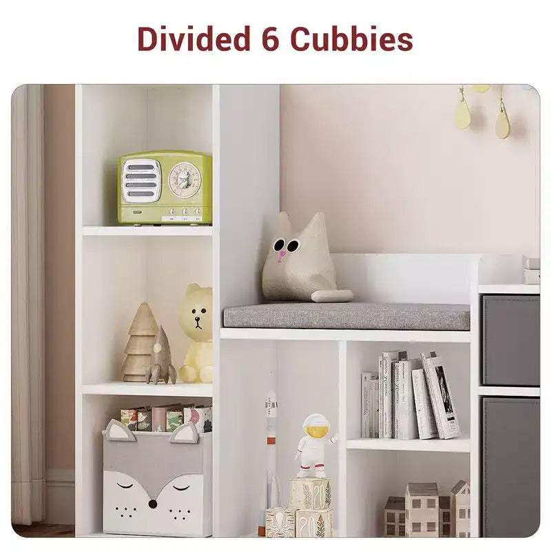 Scaffale per libri per bambini Libreria per bambini con sedile imbottito morbido Armadietto per giocattoli e angolo lettura per bambini, Armadio portaoggetti per bambini da 44,1 cm