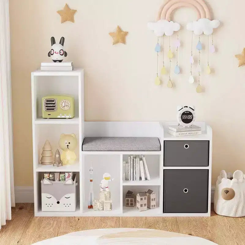 Scaffale per libri per bambini Libreria per bambini con sedile imbottito morbido Armadietto per giocattoli e angolo lettura per bambini, Armadio portaoggetti per bambini da 44,1 cm