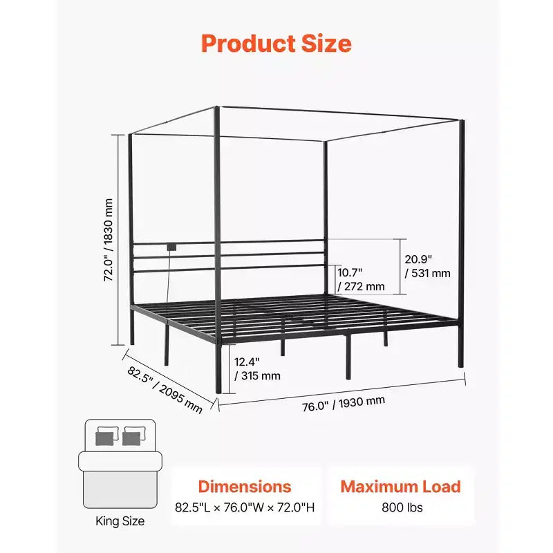 VEVOR Letto a baldacchino King Size, Letto a baldacchino in metallo con stazione di ricarica e design a quattro poster, Supporto a doghe in acciaio resistente, Nero