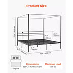 VEVOR Letto a baldacchino King Size, Letto a baldacchino in metallo con stazione di ricarica e design a quattro poster, Supporto a doghe in acciaio resistente, Nero
