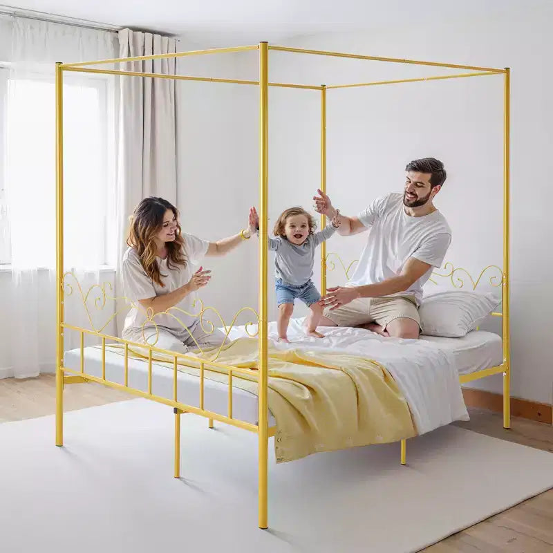 VEVOR Letto a baldacchino Queen Size, Letto a baldacchino in metallo con testiera minimalista e design a quattro pali, Supporto con doghe in acciaio resistente, Oro