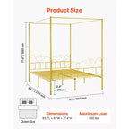 VEVOR Letto a baldacchino Queen Size, Letto a baldacchino in metallo con testiera minimalista e design a quattro pali, Supporto con doghe in acciaio resistente, Oro