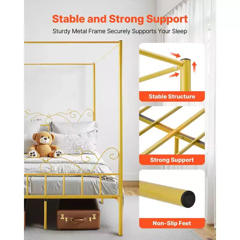 VEVOR Letto a baldacchino Queen Size, Letto a baldacchino in metallo con testiera minimalista e design a quattro pali, Supporto con doghe in acciaio resistente, Oro