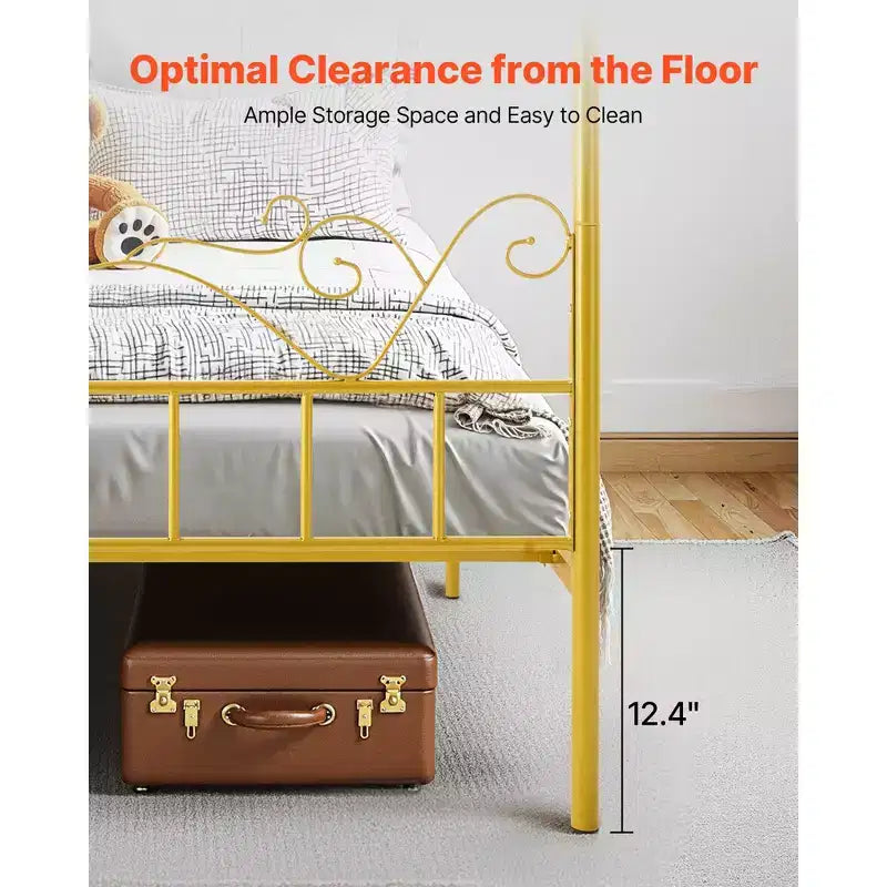 VEVOR Letto a baldacchino Queen Size, Letto a baldacchino in metallo con testiera minimalista e design a quattro pali, Supporto con doghe in acciaio resistente, Oro