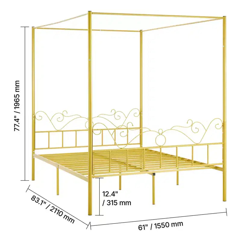 VEVOR Letto a baldacchino Queen Size, Letto a baldacchino in metallo con testiera minimalista e design a quattro pali, Supporto con doghe in acciaio resistente, Oro