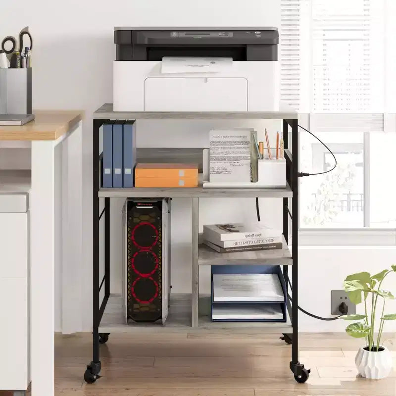 Supporto per stampante, carrello mobile a 4 livelli con 2 prese e 2 porte USB - Supporto industriale su ruote (Ufficio domestico/Scanner/Fax)