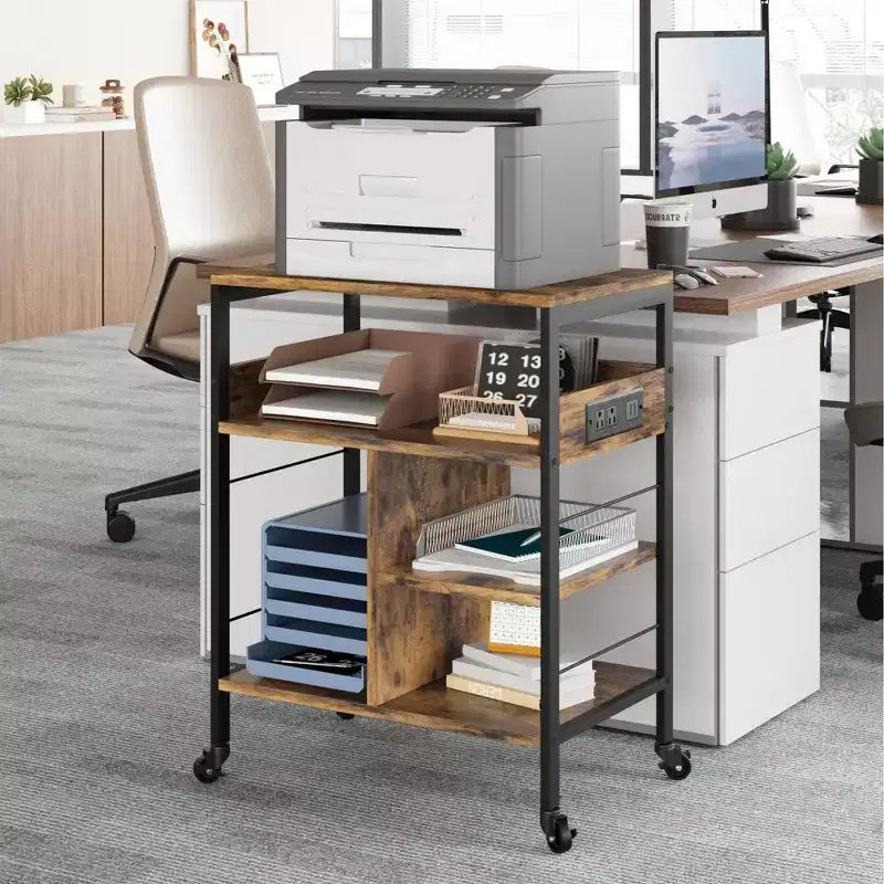 Supporto per stampante, carrello mobile a 4 livelli con 2 prese e 2 porte USB - Supporto industriale su ruote (Ufficio domestico/Scanner/Fax)