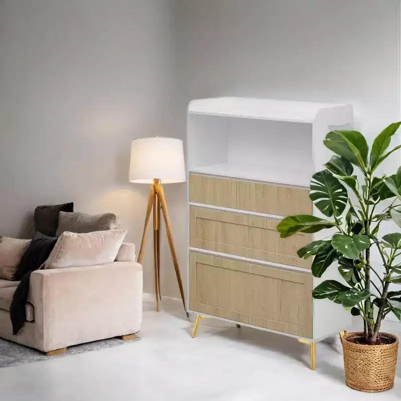 Mobile contenitore moderno a tre cassetti, armadio per vestiti da camera da letto utilizzabile in sala da pranzo, cucina, camera da letto. Cornice in legno massello bianco