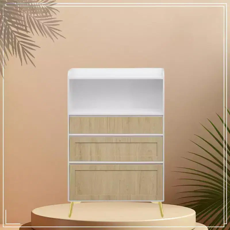 Mobile contenitore moderno a tre cassetti, armadio per vestiti da camera da letto utilizzabile in sala da pranzo, cucina, camera da letto. Cornice in legno massello bianco