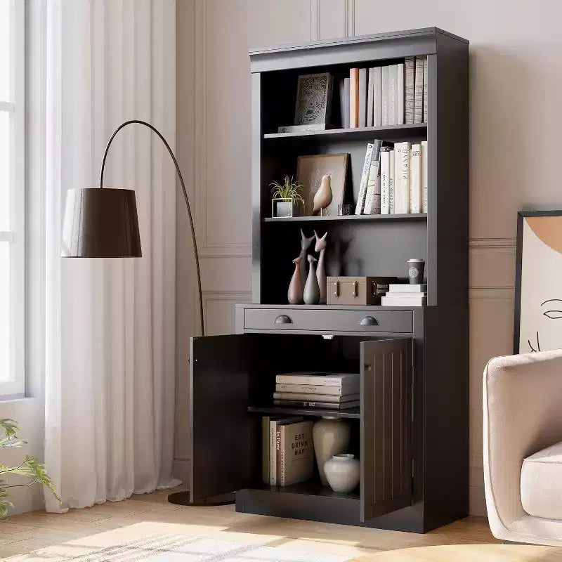 Acekool Moderna libreria con ante a persiana, ripiani regolabili, cassetto e armadietto, set da 2, sicurezza antiribaltamento, bianca