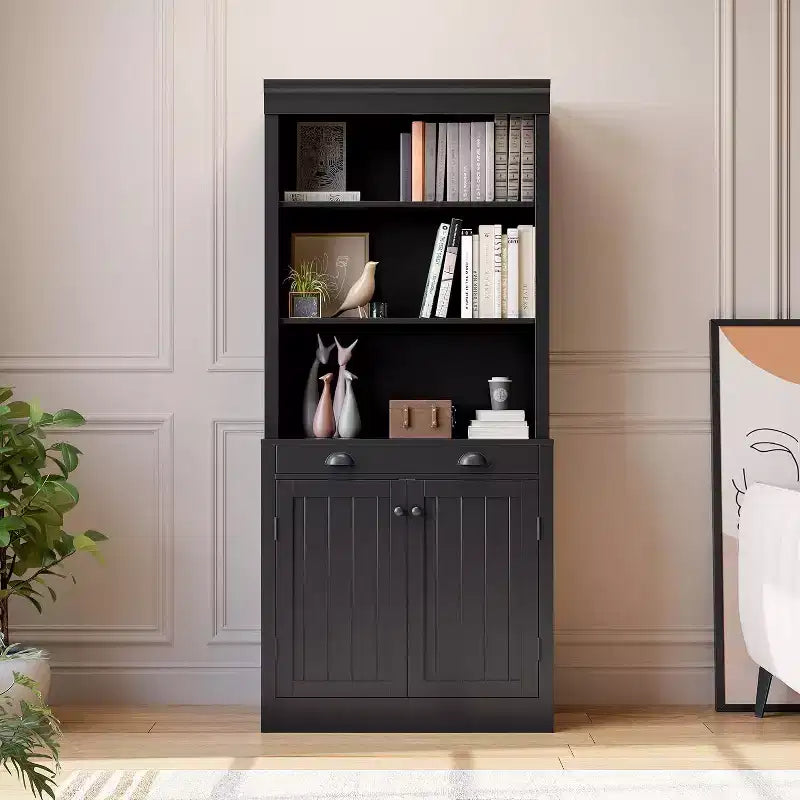 Acekool Moderna libreria con ante a persiana, ripiani regolabili, cassetto e armadietto, set da 2, sicurezza antiribaltamento, bianca