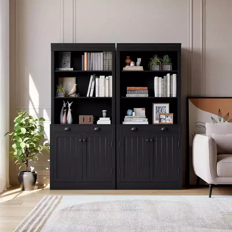 Acekool Moderna libreria con ante a persiana, ripiani regolabili, cassetto e armadietto, set da 2, sicurezza antiribaltamento, bianca