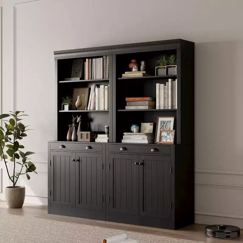 Acekool Moderna libreria con ante a persiana, ripiani regolabili, cassetto e armadietto, set da 2, sicurezza antiribaltamento, bianca