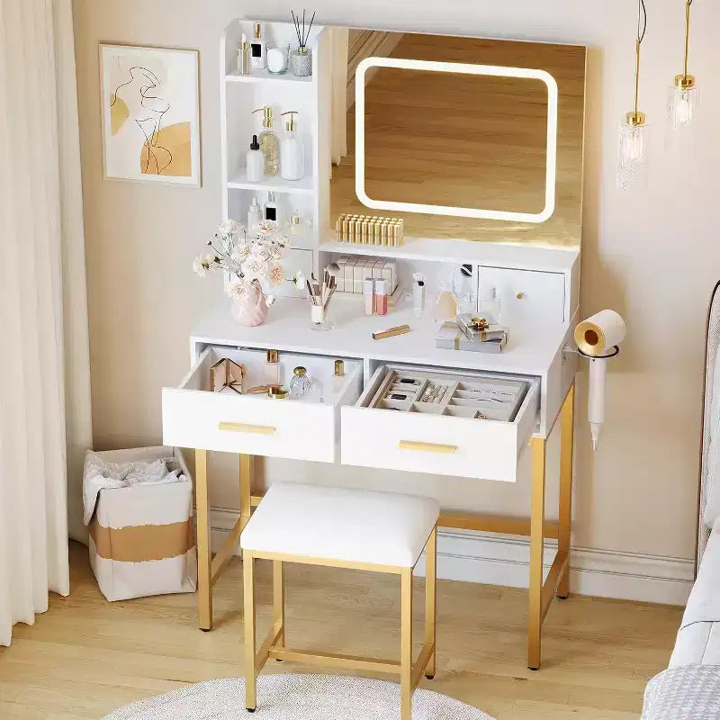 Acekool Vanity Desk with Mirror, 3 Lighting Modes, 4 Drawers, Side Shelves, Power Outlets, White Gold, 53 Wide