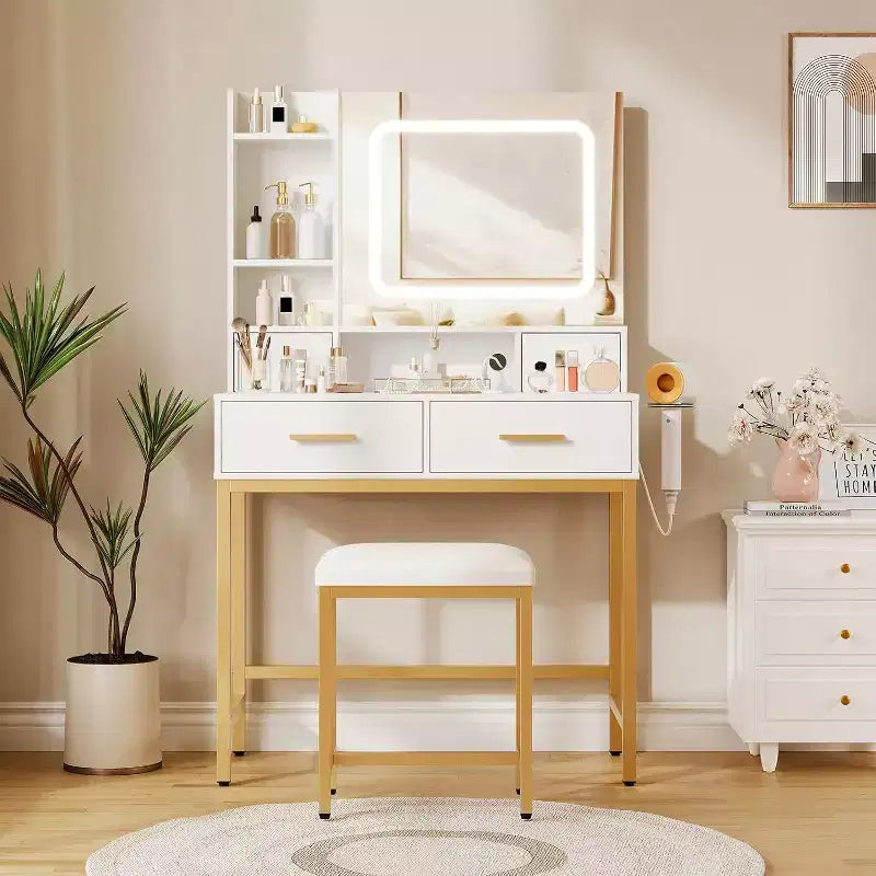 Acekool Toeletta con specchio, 3 modalità di illuminazione, 4 cassetti, ripiani laterali, prese di corrente, oro bianco, 53 di larghezza