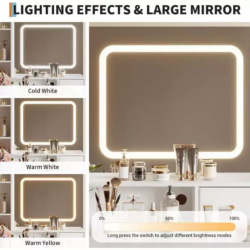 Acekool Toeletta con specchio, 3 modalità di illuminazione, 4 cassetti, ripiani laterali, prese di corrente, oro bianco, 53 di larghezza