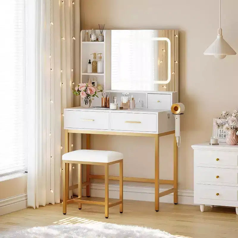 Acekool Toeletta con specchio, 3 modalità di illuminazione, 4 cassetti, ripiani laterali, prese di corrente, oro bianco, 53 di larghezza