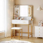 Acekool Toeletta con specchio, 3 modalità di illuminazione, 4 cassetti, ripiani laterali, prese di corrente, oro bianco, 53 di larghezza