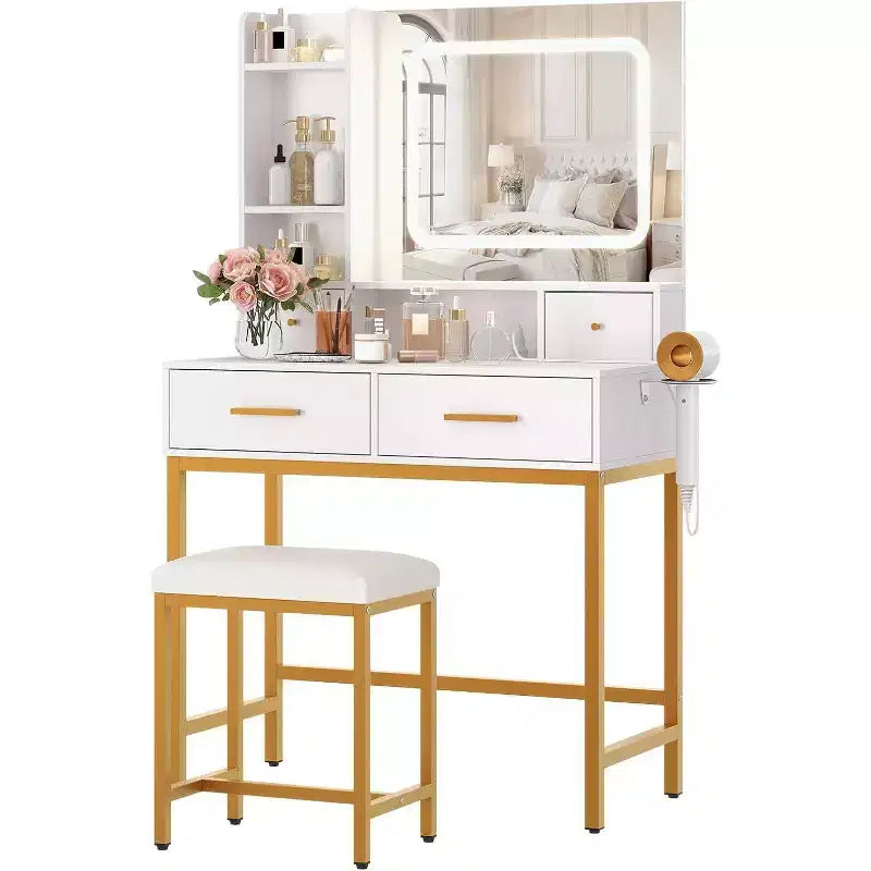Acekool Toeletta con specchio, 3 modalità di illuminazione, 4 cassetti, ripiani laterali, prese di corrente, oro bianco, 53 di larghezza