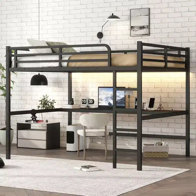 Letto a soppalco singolo XL in metallo con presa di corrente e luce LED, salvaspazio, a rumorosità ridotta, nero