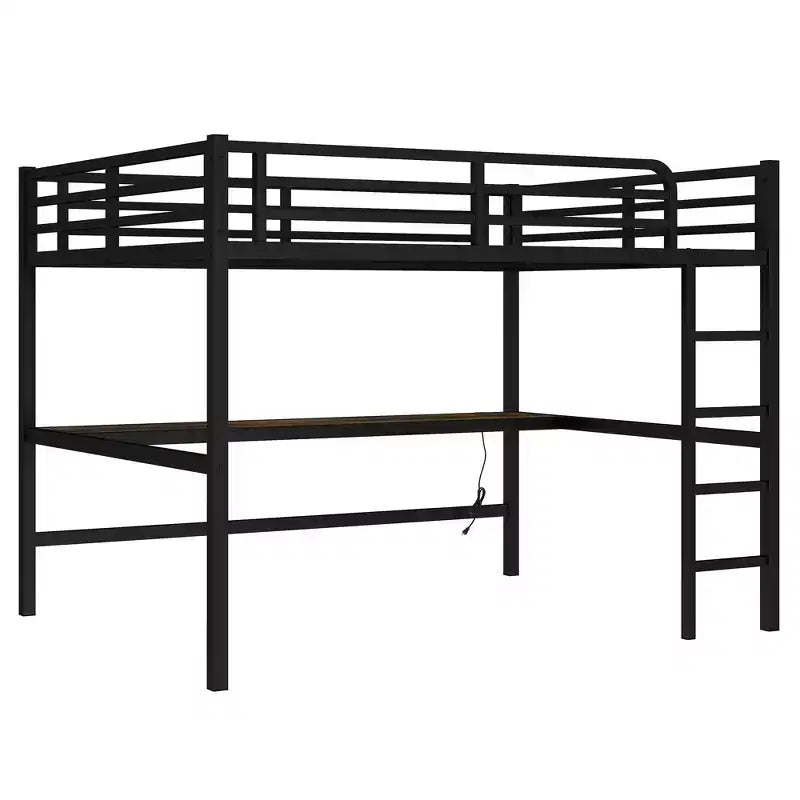 Letto a soppalco singolo XL in metallo con presa di corrente e luce LED, salvaspazio, a rumorosità ridotta, nero