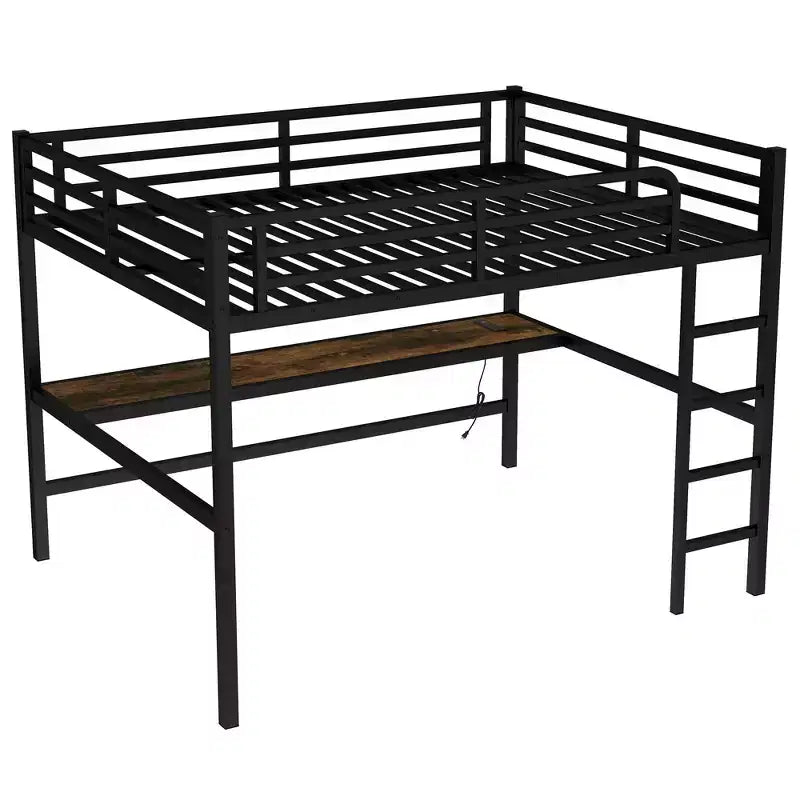 Letto a soppalco singolo XL in metallo con presa di corrente e luce LED, salvaspazio, a rumorosità ridotta, nero