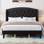TROPOW King Size Wingback Headboard Bed Frame - Low Profile Upholstered Platform Bed, Sturdy Wooden Slat Support, No Box Spring Needed