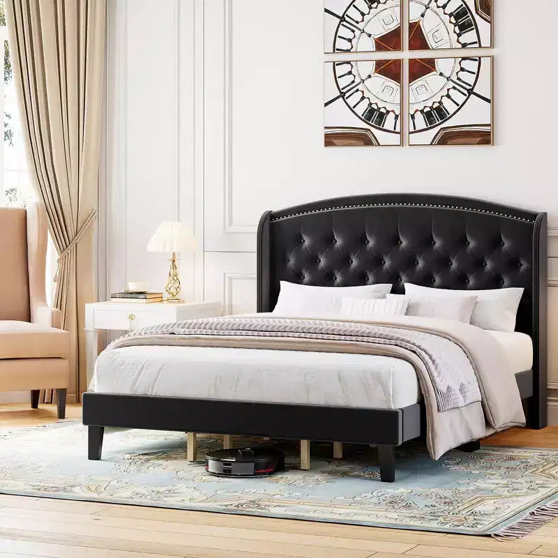 TROPOW Letto con testiera ad alette King Size - Base letto imbottita a basso profilo, robusto supporto a doghe in legno, nessun bisogno di rete a molle