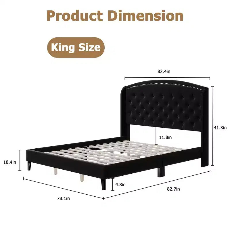 TROPOW Letto con testiera ad alette King Size - Base letto imbottita a basso profilo, robusto supporto a doghe in legno, nessun bisogno di rete a molle