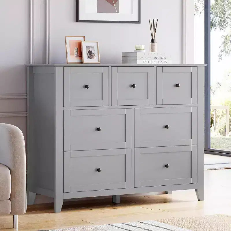 Comò a 7 cassetti per TV da 48 pollici, mobili organizer in legno moderni per soggiorno, camera da letto, ripostiglio, ufficio domestico