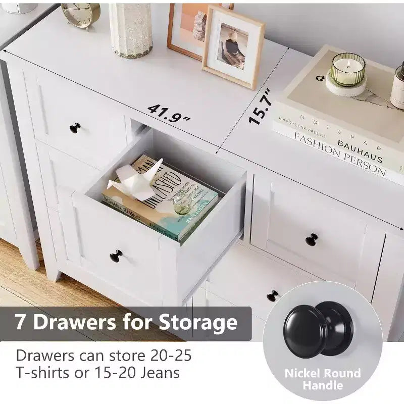 Comò a 7 cassetti per TV da 48 pollici, mobili organizer in legno moderni per soggiorno, camera da letto, ripostiglio, ufficio domestico
