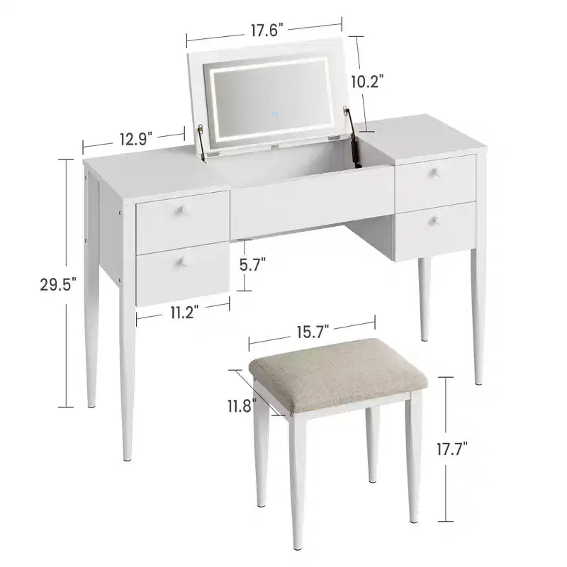 Toeletta Trucco da 47 pollici con Specchio a Scomparsa, 3 Modalità di Illuminazione, Tavolo da Trucco 3 in 1 con 5 Cassetti, Set Toeletta con Sgabello per Camera da Letto
