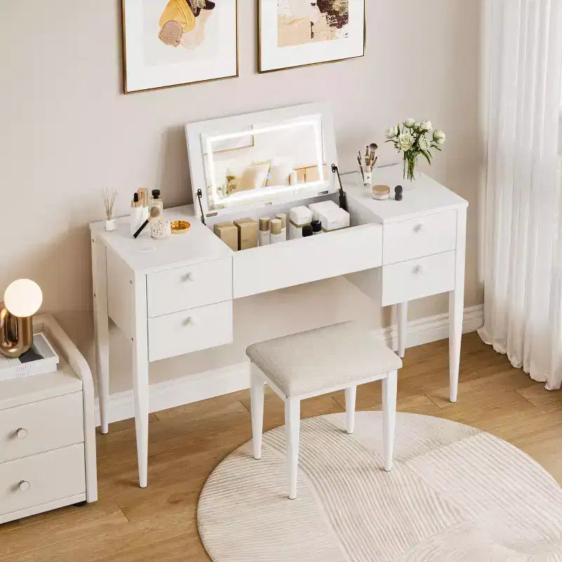 Toeletta Trucco da 47 pollici con Specchio a Scomparsa, 3 Modalità di Illuminazione, Tavolo da Trucco 3 in 1 con 5 Cassetti, Set Toeletta con Sgabello per Camera da Letto