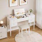 Toeletta Trucco da 47 pollici con Specchio a Scomparsa, 3 Modalità di Illuminazione, Tavolo da Trucco 3 in 1 con 5 Cassetti, Set Toeletta con Sgabello per Camera da Letto