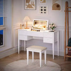 Toeletta Trucco da 47 pollici con Specchio a Scomparsa, 3 Modalità di Illuminazione, Tavolo da Trucco 3 in 1 con 5 Cassetti, Set Toeletta con Sgabello per Camera da Letto