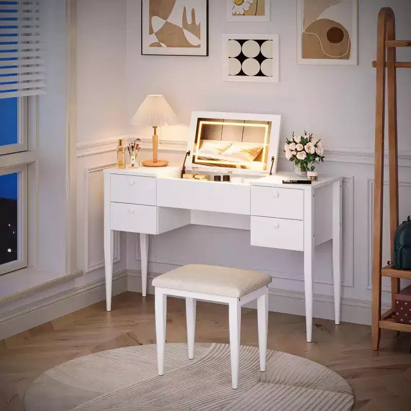 Toeletta Trucco da 47 pollici con Specchio a Scomparsa, 3 Modalità di Illuminazione, Tavolo da Trucco 3 in 1 con 5 Cassetti, Set Toeletta con Sgabello per Camera da Letto