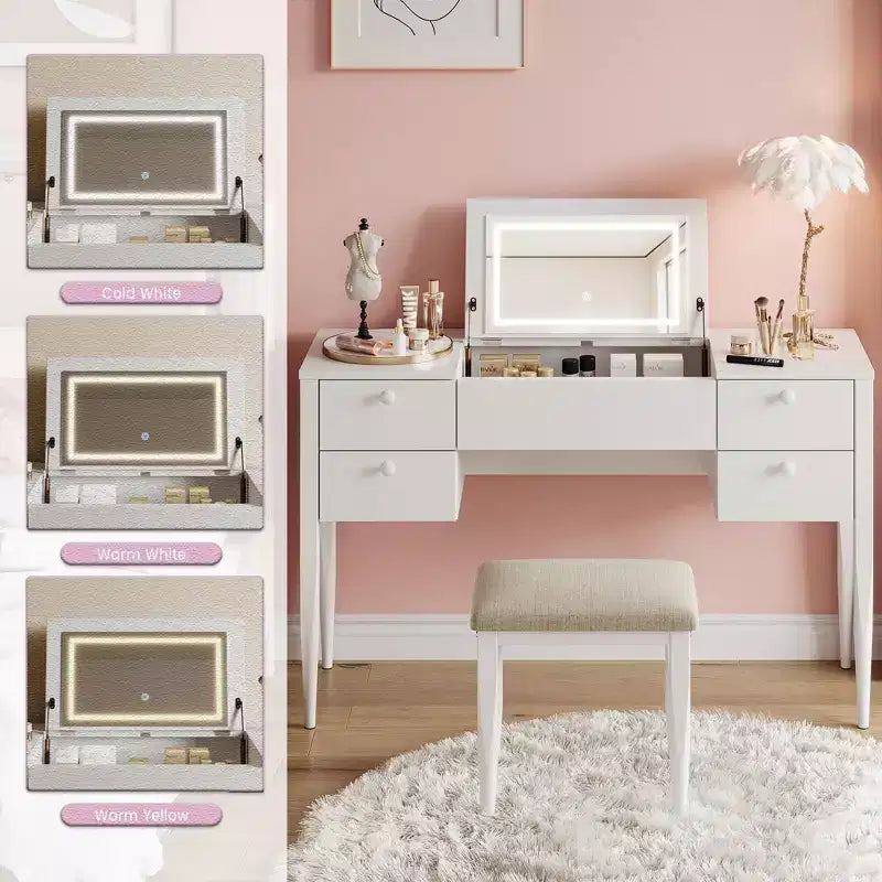 Toeletta Trucco da 47 pollici con Specchio a Scomparsa, 3 Modalità di Illuminazione, Tavolo da Trucco 3 in 1 con 5 Cassetti, Set Toeletta con Sgabello per Camera da Letto