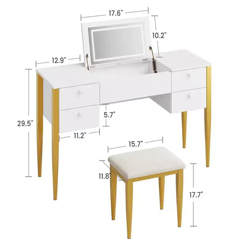 Toeletta Trucco da 47 pollici con Specchio a Scomparsa, 3 Modalità di Illuminazione, Tavolo da Trucco 3 in 1 con 5 Cassetti, Set Toeletta con Sgabello per Camera da Letto