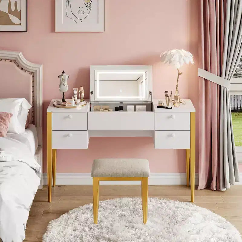 Toeletta Trucco da 47 pollici con Specchio a Scomparsa, 3 Modalità di Illuminazione, Tavolo da Trucco 3 in 1 con 5 Cassetti, Set Toeletta con Sgabello per Camera da Letto