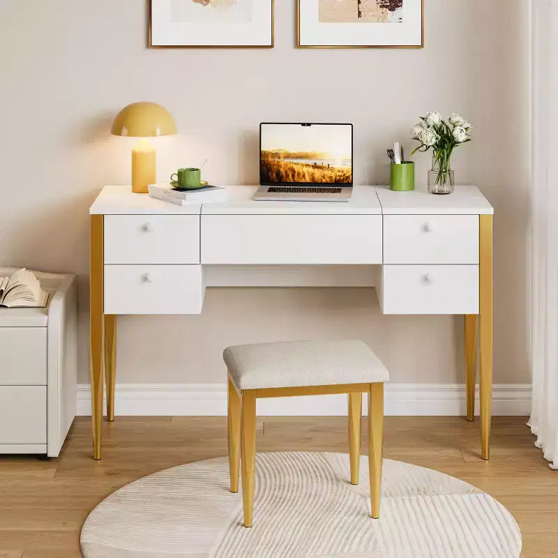 Toeletta Trucco da 47 pollici con Specchio a Scomparsa, 3 Modalità di Illuminazione, Tavolo da Trucco 3 in 1 con 5 Cassetti, Set Toeletta con Sgabello per Camera da Letto
