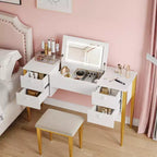 Toeletta Trucco da 47 pollici con Specchio a Scomparsa, 3 Modalità di Illuminazione, Tavolo da Trucco 3 in 1 con 5 Cassetti, Set Toeletta con Sgabello per Camera da Letto