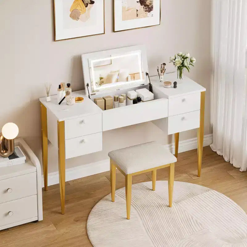 Toeletta Trucco da 47 pollici con Specchio a Scomparsa, 3 Modalità di Illuminazione, Tavolo da Trucco 3 in 1 con 5 Cassetti, Set Toeletta con Sgabello per Camera da Letto