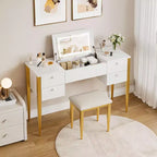 Toeletta Trucco da 47 pollici con Specchio a Scomparsa, 3 Modalità di Illuminazione, Tavolo da Trucco 3 in 1 con 5 Cassetti, Set Toeletta con Sgabello per Camera da Letto