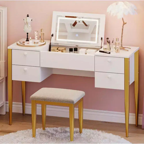 47 Makeup Vanity Desk with Flip Top Mirror, 3 Lighting Mode, 3 in 1 Vanity Table with 5 Drawers, Make Up Vanity Set with Chair for Bedroom