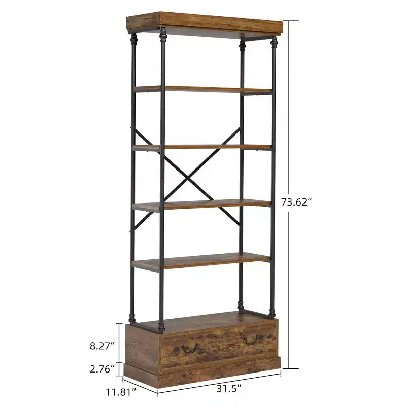 COZONY Libreria Vintage a 5 Ripiani con Cassetto - Scaffale Alto Industriale con Struttura in Metallo per Soggiorno, Ufficio