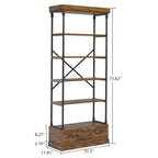 COZONY Libreria Vintage a 5 Ripiani con Cassetto - Scaffale Alto Industriale con Struttura in Metallo per Soggiorno, Ufficio