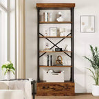 COZONY Libreria Vintage a 5 Ripiani con Cassetto - Scaffale Alto Industriale con Struttura in Metallo per Soggiorno, Ufficio