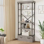 COZONY Libreria Vintage a 5 Ripiani con Cassetto - Scaffale Alto Industriale con Struttura in Metallo per Soggiorno, Ufficio
