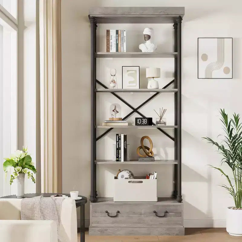 COZONY Libreria Vintage a 5 Ripiani con Cassetto - Scaffale Alto Industriale con Struttura in Metallo per Soggiorno, Ufficio