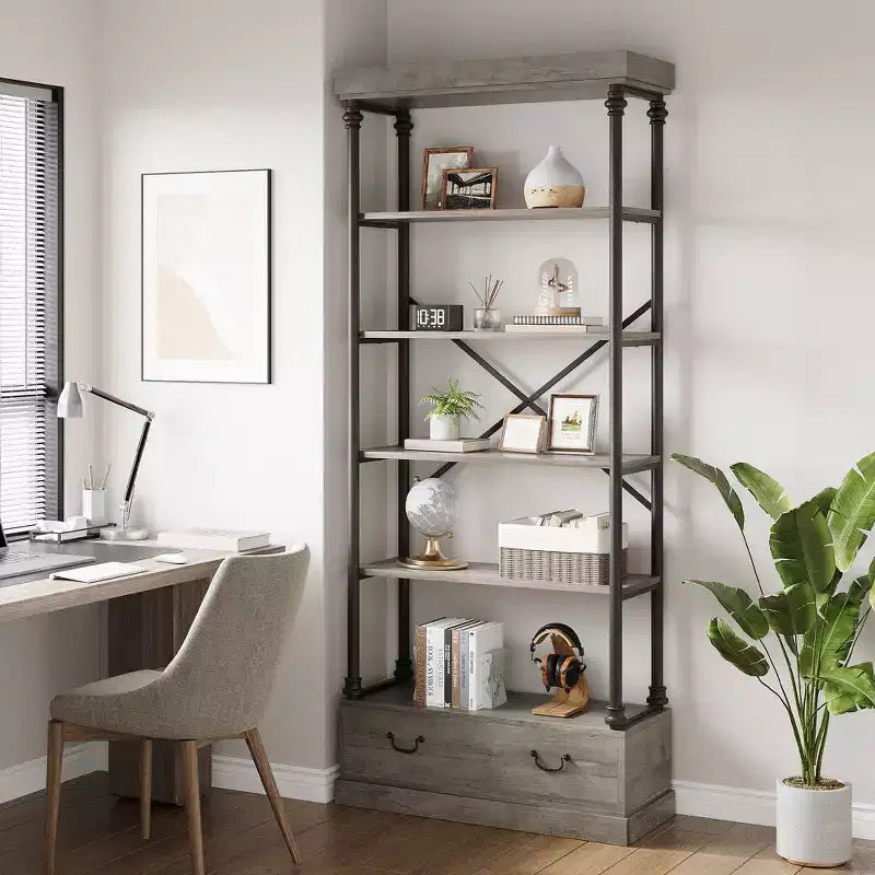 COZONY Libreria Vintage a 5 Ripiani con Cassetto - Scaffale Alto Industriale con Struttura in Metallo per Soggiorno, Ufficio